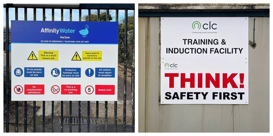 A collage of the Affinity Water warning signage and the "Think Safety First" CLC signage.